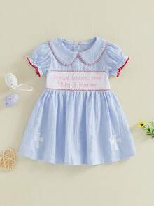 Little Girls Easter Dress Summer Short Sleeve Doll Collar Letter Cross Embroidery A-Line Dress - Màu xanh lam - Xem 6