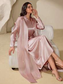 女士粉色腰带长袖连衣裙和水钻长袍套装，优雅长袍套装，闪亮派对套装，婚礼宾客服装，夏季度假服装，生日服装，春假服装 - 粉色 - 查看 7