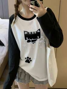 Y2K Cute Pixel Cat Print Raglan Sleeve T-Shirt For Women, Loose Fit Contrast Color Casual Top White Spring - White - View 4