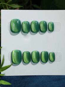 10片手工制作的按压式美甲贴，短椭圆形，绿色，Y2K极简柔和风格猫眼素色美甲贴，适合女性和女孩，春、夏、秋、冬、节日、派对和日常佩戴。 - 綠色 - 查看 2