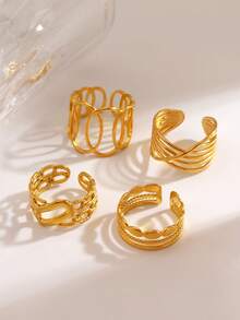 4件套不锈钢18K镀金几何线条耳环，适合女性日常佩戴