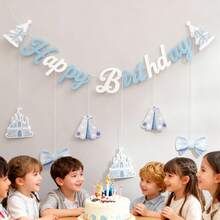 儿童女孩蓝色雪花蝴蝶结公主生日派对拉旗，背景墙装饰横幅 - 彩色 - 查看 3