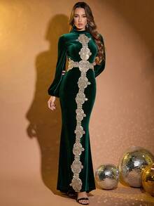 LOVE&LEMONADE Elegant Women's Stand Collar Long Lantern Sleeve Green Velvet Gold Lace Patchwork Maxi Party Dress - Green - View 4