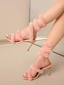 欧美风貂皮金色水晶装饰细高跟凉鞋，性感露趾单带派对女鞋 - 粉色 - 查看 4