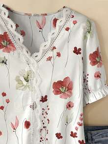 Plus Size Elegant Casual Floral Lace Ruffle Trim Blouse For Women, Spring/Summer - Red - View 8