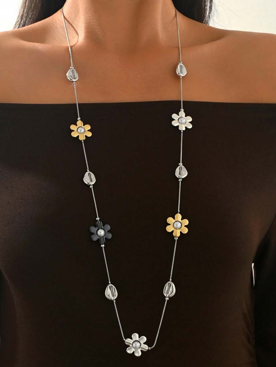 1pc Elegant High-End Unique Retro Fashionable Personalized Faux Pearl Flower Shell Beaded Long Necklace, Versatile For Daily Wear And Festive Occasions