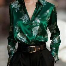 Women'S Elegant Floral Print Satin Shirt - Long Sleeve Button-Up Blouse With V-Neck, Regular Fit For Spring/Fall, Office & Casual Attire, Spring/Fall Clothing, Fashion Lovers, Stylish Top, Smooth Texture, Classic Collar Design, Autumn Fashion - 藏蓝色 - 查看 2