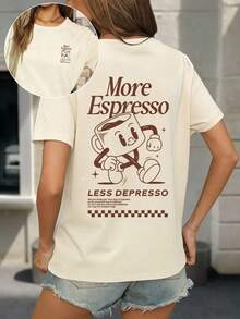 大码女式宽松圆领短袖T恤，印有浓缩咖啡俱乐部图案，休闲夏季风格 - 杏色 - 查看 10