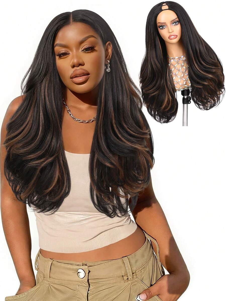 Tóc giả Yaki U Part gợn sóng 26 inch, màu đen pha trộn, chất liệu tổng hợp, kiểu V Part, dành cho nữ, tóc giả nửa đầu dài, thẳng xoăn, gợn sóng, không cần keo dán, dễ đội (P1B/30) - Nhiều màu - Xem 1