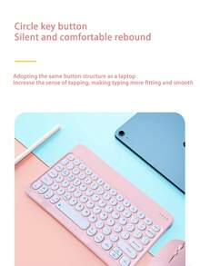 无线键盘鼠标套装，圆帽静音复古迷你键盘鼠标组合，兼容iPad、电脑、手机、平板电脑 - 粉色 - 查看 3