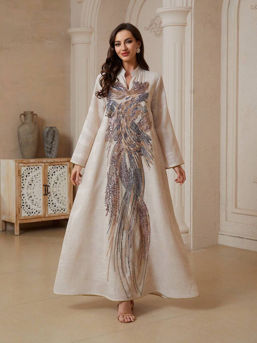 女士优雅V领蕾丝长袖卡夫坦连衣裙