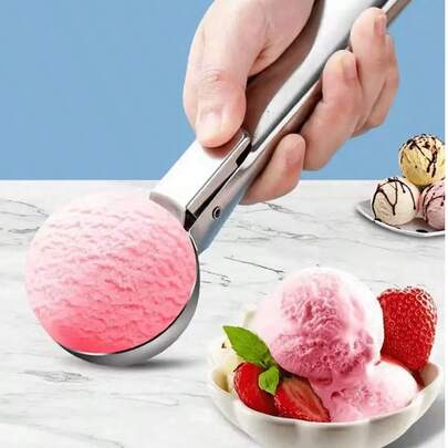 1pc Stainless Steel Ice Cream Scoop, Suitable For Frozen Yogurt, Multipurpose Ice Cream Spoon, Dual-Use Spoon, Non-Stick Ice Cream Scoop With Comfortable Anti-Frost Handle, Heavy-Duty Metal Ice Cream Scoop (With Trigger), Sturdy Filling Spoon, Home Ice Cream Tool Spoon, Easy To Clean, Applicable For Ice Cream, Cookie Dough, Smoothie, Almond, Ideal For Kitchen, Dessert Shop And Restaurant. Back To School Season