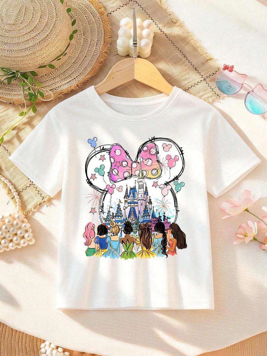 Disney Princess Print T-Shirt For Girls - Children's Clothing Design Short-Sleeve Casual Cute Style Comfortable And Relaxed Fit For Boys And Girls Perfect For Parties And Play Machine Washable Gift-Wrapped Children's Apparel Girls' Short-Sleeve Shirt - 白色 - 查看 1