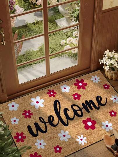 1pc Spring Red & White Artistic Floral Pattern Welcome Doormat, Minimalist Short Plush Quick-Dry Non-Slip Washable Entrance Mat, Home Decor, Soft Furnishing, Suitable For Kitchen, Bathroom, Dining Room, Entryway, Party, All Seasons, Yard Decoration
