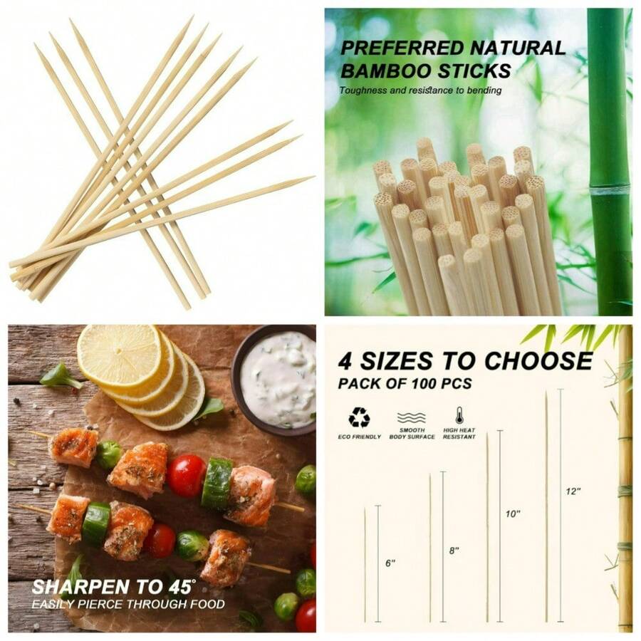 Natural Bamboo Skewers 100 PCS For BBQ Grilling Fruit Kabobs Appetizers Cocktails Corn Dogs Chocolate Fountain Crafts Bouquets Party Food Sticks - 1 - View 1