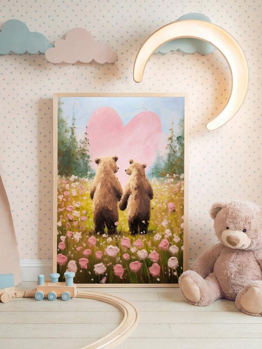 Tranh vải treo tường hình cặp gấu | Trang trí tường ngày Valentine, Trang trí ngày Valentine phong cách mộc mạc, Quà tặng tình yêu hình gấu đáng yêu, Tranh in nghệ thuật, Tranh sơn dầu hoa dại phiên bản in, Đồ dùng cho bé_ Tranh treo tường có khung hoàn hảo cho trang trí phòng chơi, phòng trẻ sơ sinh, phòng giữ trẻ, trường mầm non, phòng bé trai, phòng ngủ bé gái, ngày Valentine - Nhiều màu - Xem 1