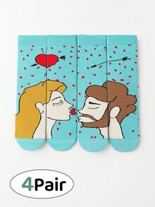 6 Pairs/4 Pairs/2 Pairs Unisex Blue Heart Kiss Pattern Mid-Calf Socks, Fashionable Combed Cotton Socks For Spring & Autumn - Multicolor - View 16