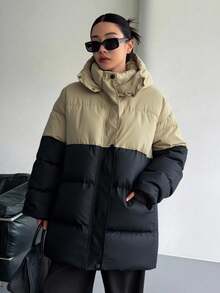 Women's Color Block Hooded Zipper Front Casual Versatile Outdoor Winter Long Sleeve Jacket - Black and White - View 1