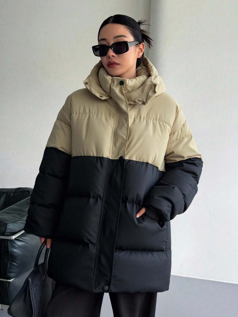 Women's Color Block Hooded Zipper Front Casual Versatile Outdoor Winter Long Sleeve Jacket - Black and White - View 1