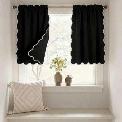 Short Blackout Window Curtains Set Of 2 Panels - Scalloped Edge 100% Polyester Microfiber Curtains, Half Window Curtains For For Kitchen, Bathroom, Living Room (Black,36" W)