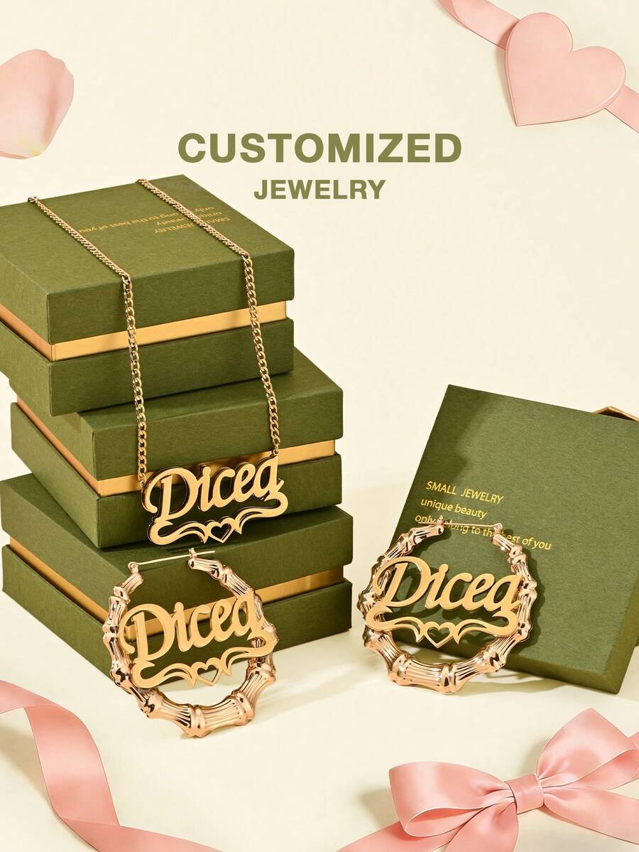 [Valentine's Day Exclusive] Customized Set, Customized Text Earrings (7cm) + Double-Layer Necklace, "Love Is Stronger Than Gold", Valentine's Day Gift, Gold Stainless Steel Jewelry, Customized Gift, Gift Box Packaging, Carefully Selected Gift. - Selected Items - View 1