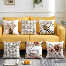 Bộ 6 vỏ gối trang trí in hình hoa và xe đạp Sweet Home, chất liệu nhung màu đào, kích thước 45*45/50*50/40*40CM, thích hợp cho ghế sofa vải hiện đại, trang trí nội thất, trang trí tiệc, quà tặng. - Nâu - 6 cái - Xem 8