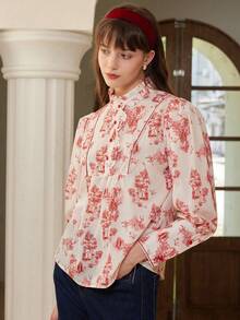 Simple Retro High Neck Printed Long Sleeve Shirth Women Pleated Front Blouses Casual For Spring And Summer - Red - View 3