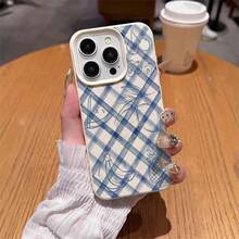 1个复古蓝色格子水果图案TPU软手机壳，兼容 17 Pro Max/17/16 Pro Max/15/13/12/11、S20 FE/A15/S24/A55、Redmi Note 11/12/13 Pro，全包防震保护套 - 白色 - 查看 4