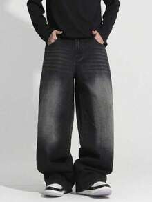 Teen Boy Vintage Washed Black Curved Leg Wide Leg Jeans - Black - View 2