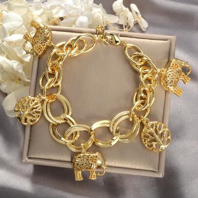 1 pezzo Braccialetto elegante e giocoso placcato in oro 14k con decorazione di elefante e albero della vita, adatto per uso quotidiano, abbigliamento da festa, ottimo anche come regalo per amici