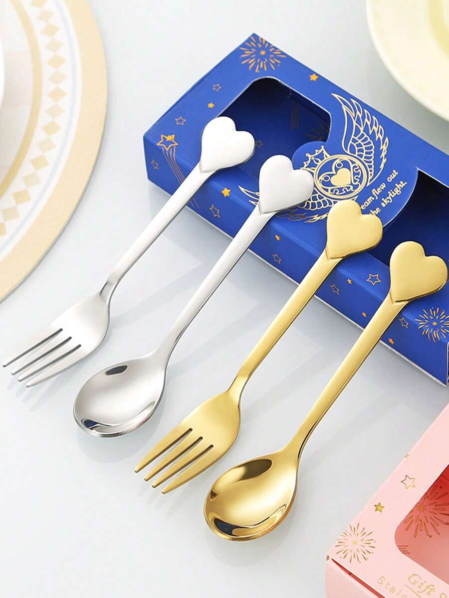 1 pièce/2 pièces Set de fourchette et cuillère en acier inoxydable en forme de cœur, set de couverts pour couple avec boîte cadeau, cadeau de la Saint-Valentin - Multicolore - Voir 1