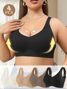 4-Piece Plus Size Bra, Seamless Breathable Wireless Sports Bra For Women - Full Coverage Design, Anti-Slip Material, With Lifting And Support Functions, Comfortable To Wear, Ribbed Details, Made Of Nylon And Elastic Fiber Blend, Hand Wash. Elegant Solid Color Design.Plus Size Lingerie - Nhiều màu - Xem 1