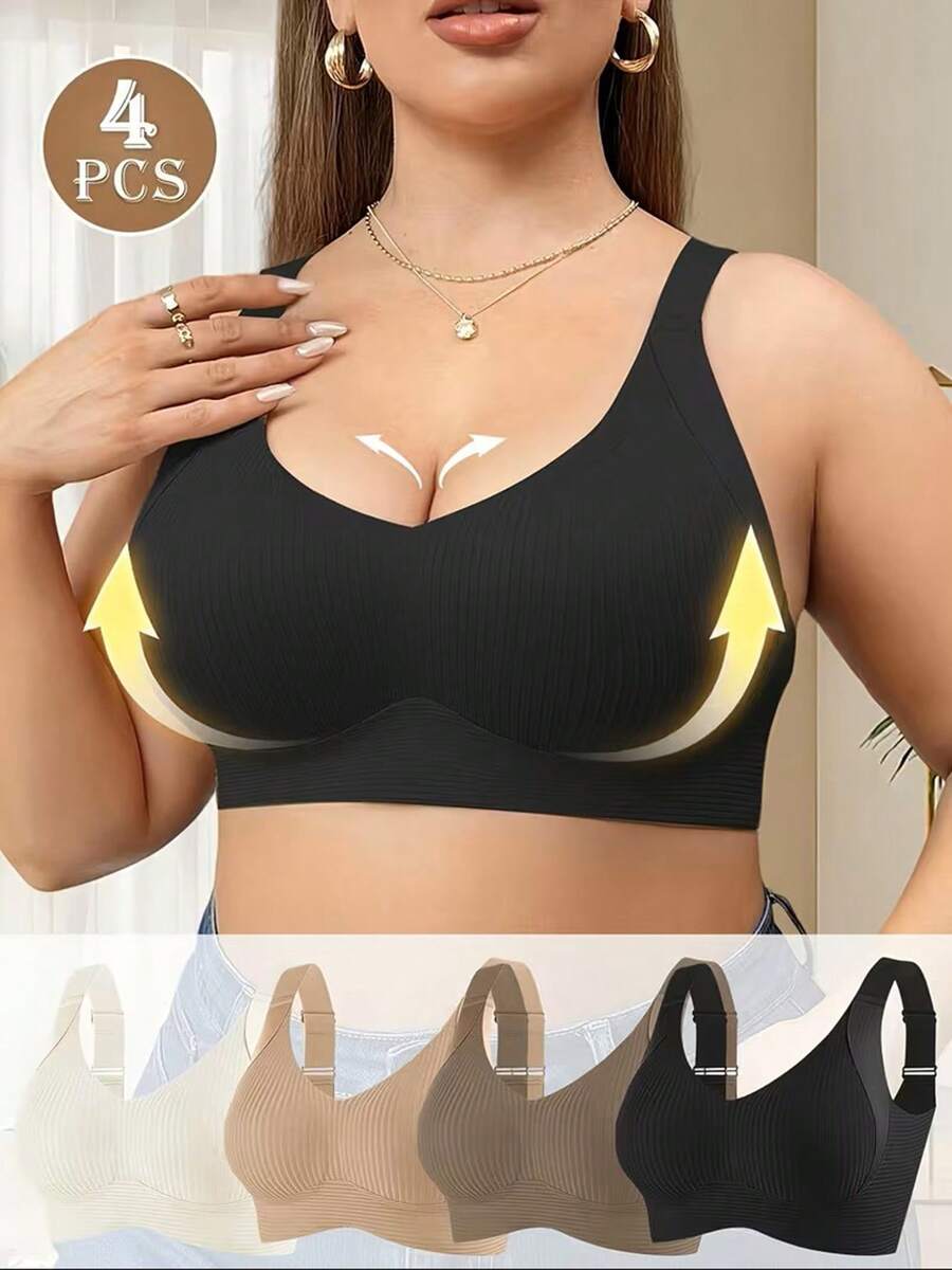 4-Piece Plus Size Bra, Seamless Breathable Wireless Sports Bra For Women - Full Coverage Design, Anti-Slip Material, With Lifting And Support Functions, Comfortable To Wear, Ribbed Details, Made Of Nylon And Elastic Fiber Blend, Hand Wash. Elegant Solid Color Design.Plus Size Lingerie - Nhiều màu - Xem 1