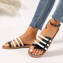 女士黑白拼接休闲沙滩凉鞋，百搭平底拖鞋 - 黑與白 - 查看 6