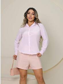 Polyester Button-Down Shirt, Everyday Wear, Spring/Summer/Winter - raya rosa bebé - Ver 6