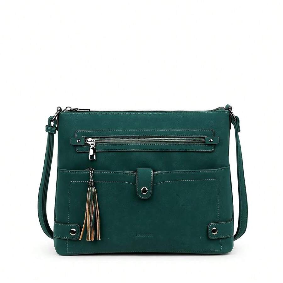 Large Crossbody Purses For Women Crossbody Bag, Designer Leather Cross Body Purses Multi Pocket Shoulder Bag - 深綠色麂皮風格 - 查看 1