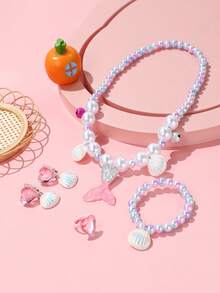 5pcs Girls Mermaid Princess Jewelry Set, Includes Necklace, Bracelet, Earrings, Ring, Suitable For Girls Party Favors/Birthday Gifts/Holiday Gifts - Multicolor - View 3