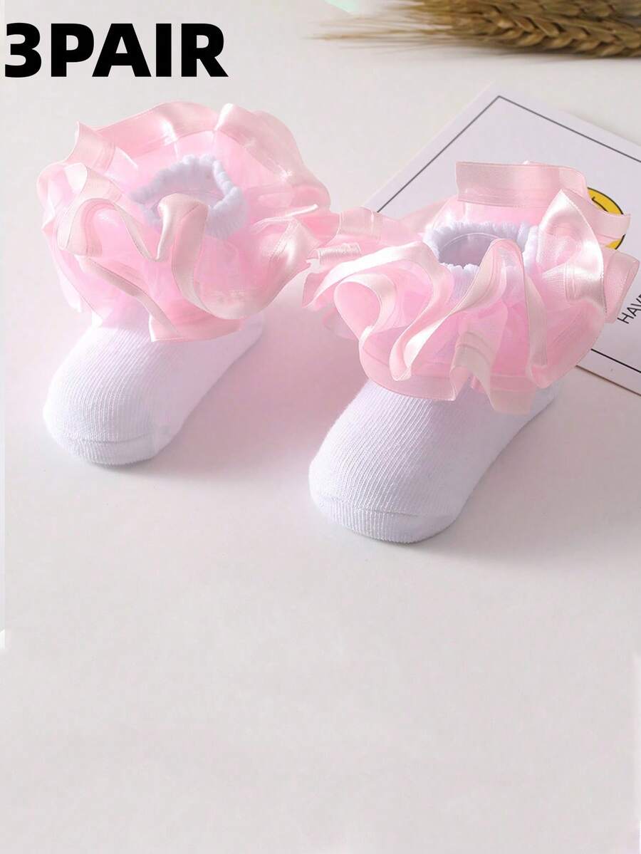 3 Pairs Girls' Thin Solid Color Lace Trim Breathable Socks, Blue, Spring/Summer - Blue - View 1