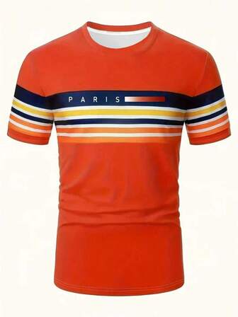 2026 Ny herrskjorta med 3D-tryck och kortärmad design, t-shirt med ljusorange randig tryckmönster, avslappnad vardagssemesteroutfit