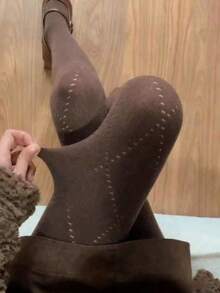 1pc Women's Warm Over-The-Knee Socks, Casual Versatile Brown Leggings, Japanese JK Diamond Mesh Thickened Knee-High Socks, Suitable For Autumn/Winter - Brown - View 2