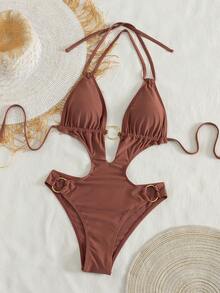 New Dusty Rose Circular Ring Ruched Halter Tie Back Sexy Backless One-Piece Swimsuit For Beach Vacation - Red Bean Paste Color - View 6