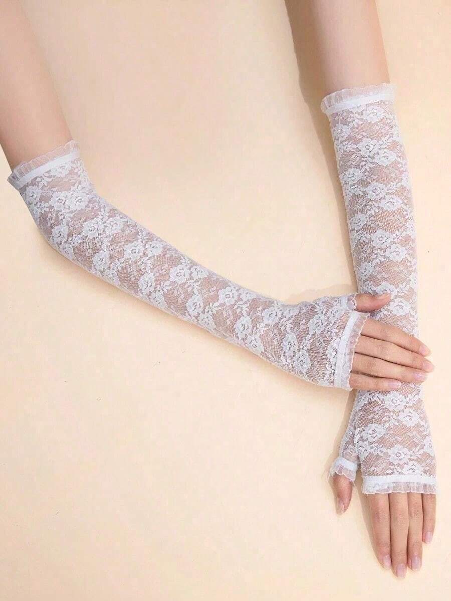 1pair White Floral Lace Gloves For Wedding Party Valentine's Day For Summer Wedding Dress Autumn Accessories-Halloween,Christmas,Fall,Winter, Supplies, CQKR - 白色 - 查看 1