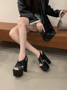 18厘米高跟优雅露趾踝带凉鞋，经典欧式粗跟，舒适百搭，适合跳舞、派对、夜店、宴会等场合，尺码35-42，厚底高跟，春夏穿搭 - 黑色 - 查看 9