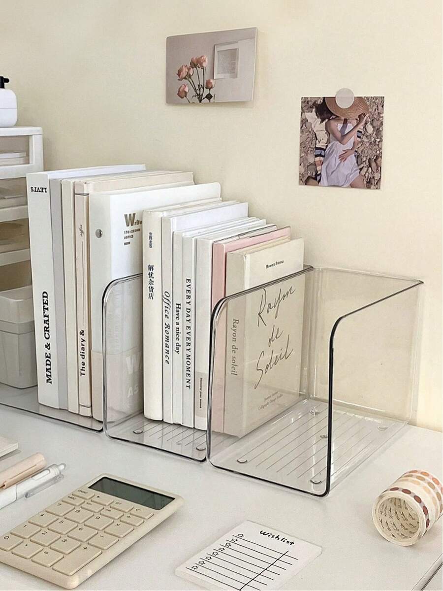 1pc/2pcs Clear Acrylic Bookends - Desktop Book & Document Organizer, Sturdy Book Stopper And File Holder For Students, Office & Home Desk - Clear - View 1