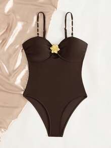 1pc Elegant Solid Color Knit Fabric Swimsuit, Suitable For Beach Vacation All Year Round Summer - Brown - View 7