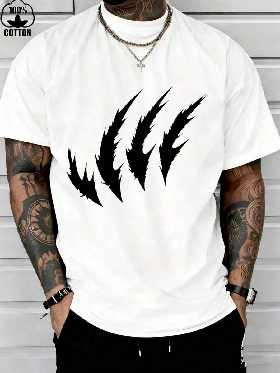 Men's New Fashionable Casual T-Shirt Black T Shirt With White Claw Design Men's Casual Graphic Tee Fashion Streetwear Top Fun Printed Round Neck Short Sleeved Shirt Suitable For Holiday Partiesoutingssports Events - 白色 - 查看 1
