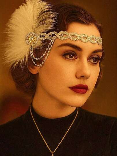 Vintage Feather Headband For Women, 1920s Pearl Rhinestone Flapper Headpiece, Retro Gatsby Hair Accessories For Party, Prom And Wedding, Head Jewelry