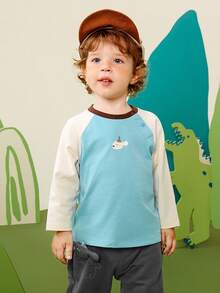 mini bala Baby Boy Contrast Raglan Sleeve Cartoon Print Top - Gray Blue - View 4