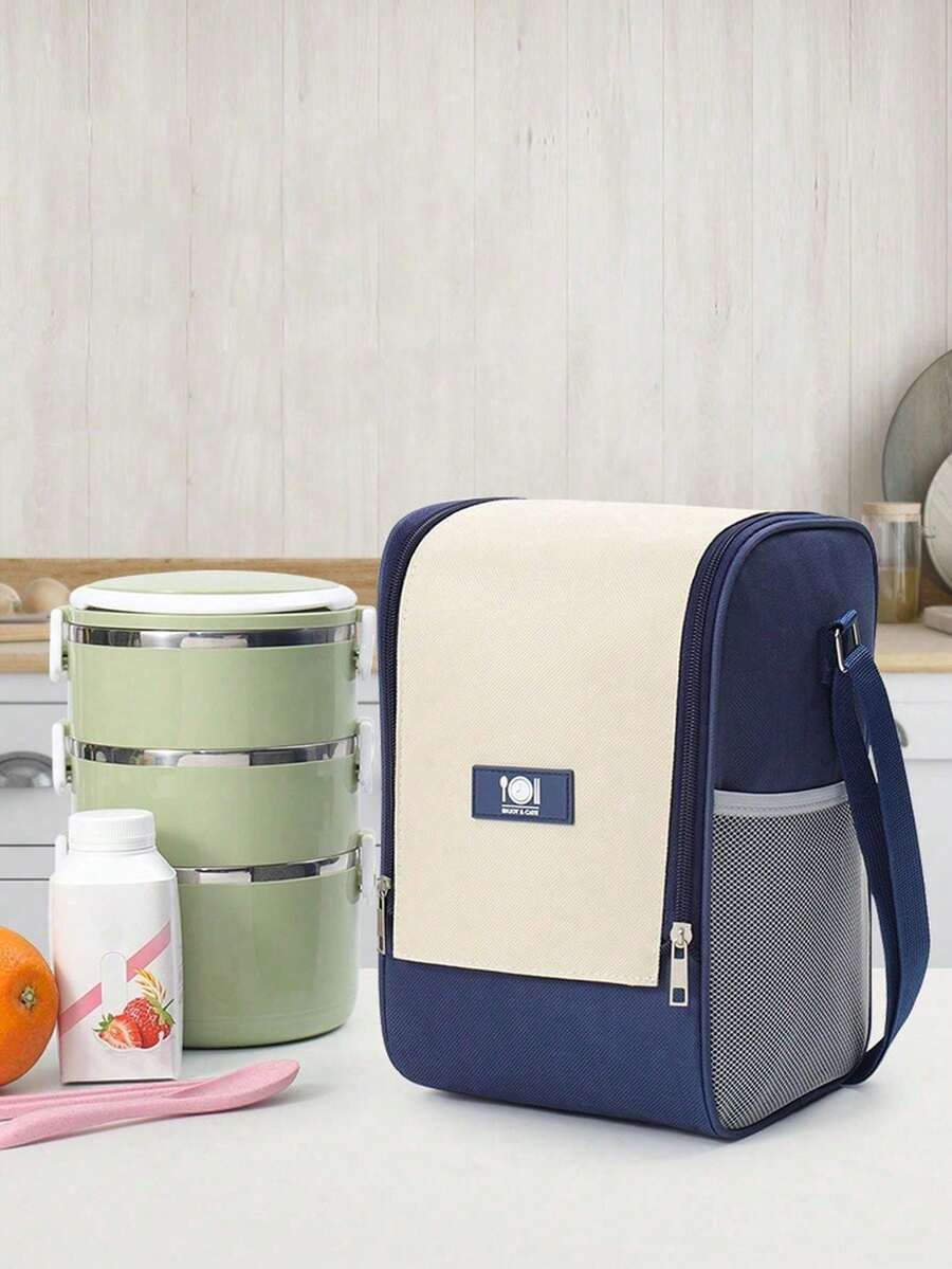 1pc Square Insulated Lunch Box Bag, Crossbody & Handheld, Large Capacity Waterproof Thermal Bucket Bag, Thick Aluminum Foil Insulated Bag, Cylindrical Storage Bag - Multicolor - View 1