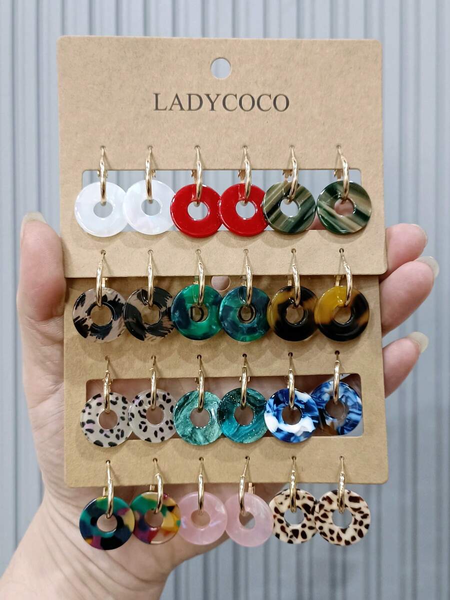 LADYCOCO 12对时尚可爱多色镂空耳钉套装，适合女性日常佩戴 - 彩色 - 查看 1
